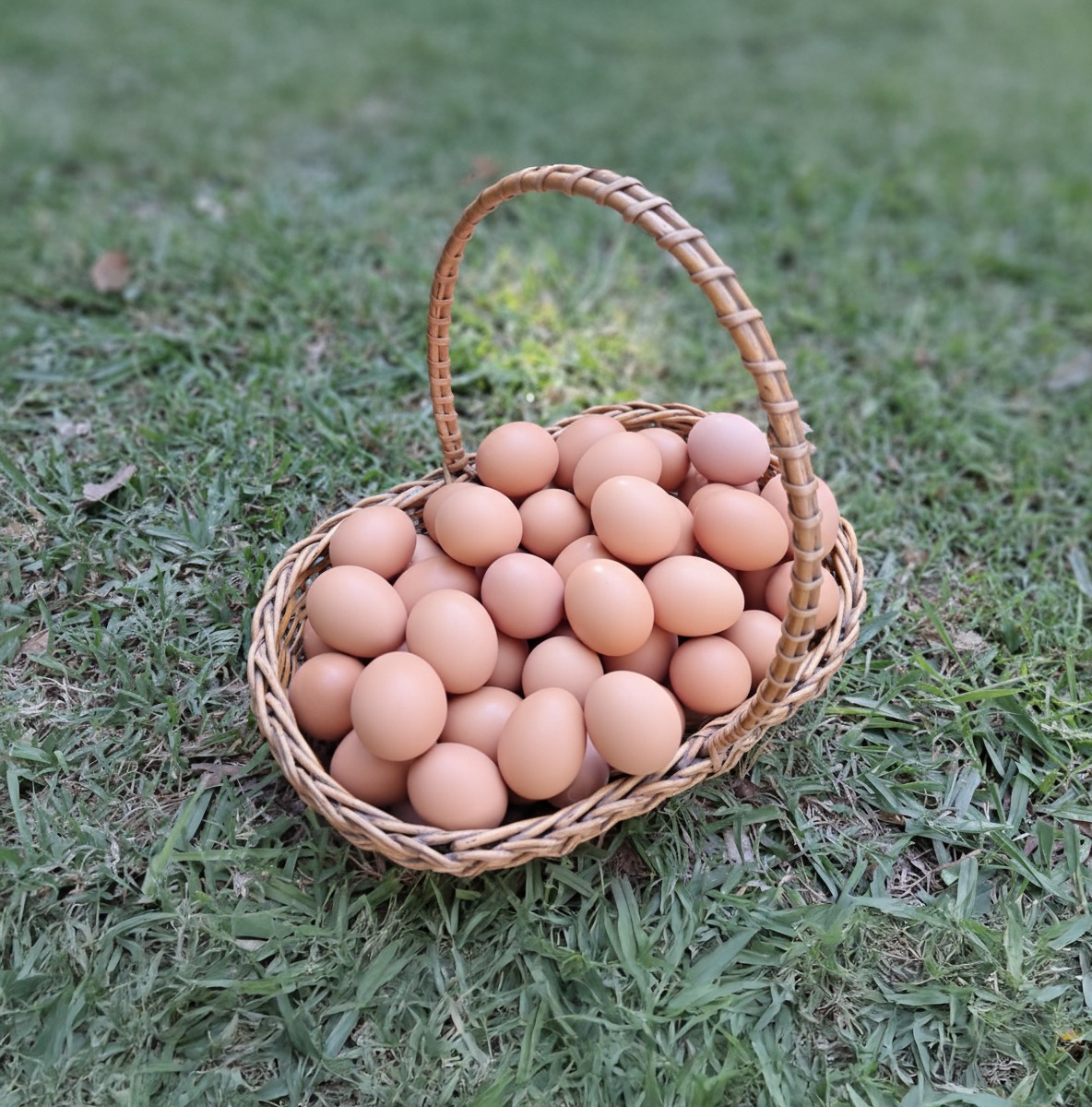 Huevos frescos de El Jacarandá en canasta de mimbre
